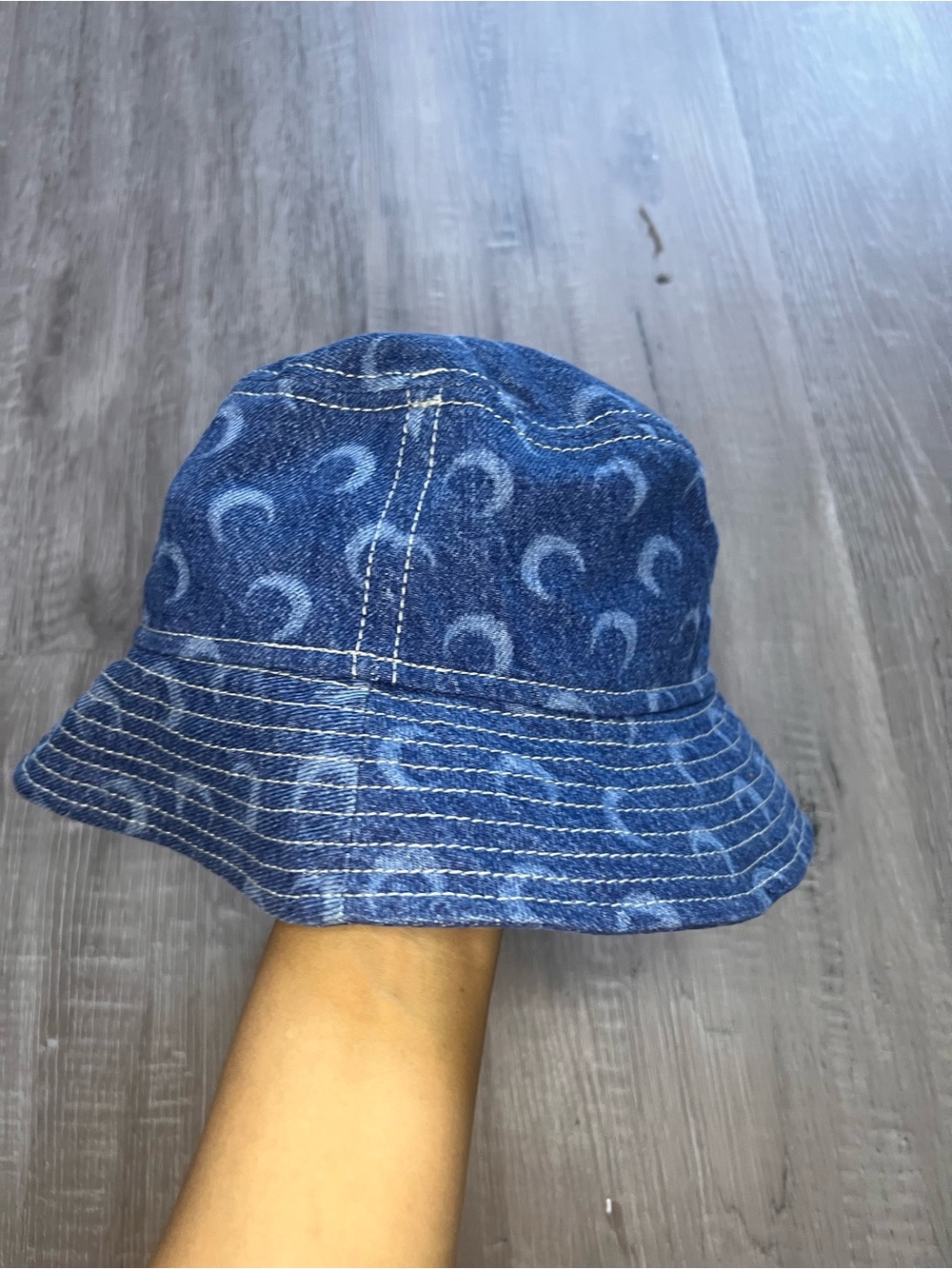 Marine Serre Striped Denim-Look Bucket Hat in Blue and White
